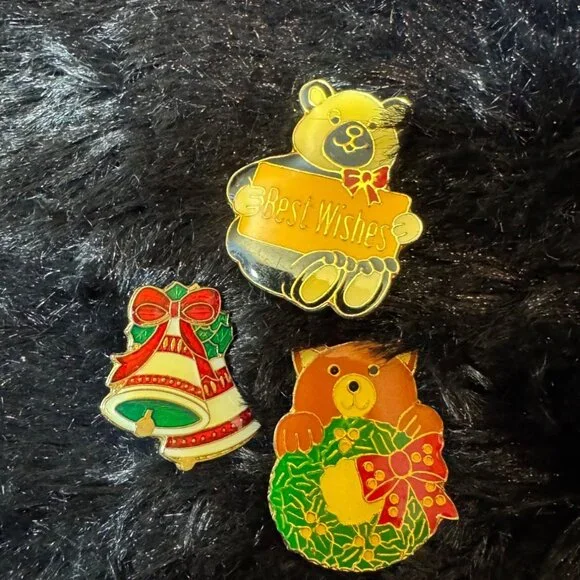 Vintage Christmas Holiday Enamel Lapel Pins Set Of 3 Collectible Festive - Picture 1 of 3